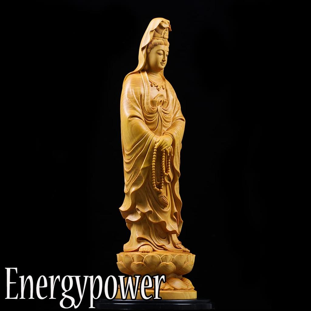 EnergyPower Wood Carving Kannon Bodhisattva Statue, Finely Crafted, High-Grade, Made from Natural Boxwood, Buddhist Art, Boxwood, Kannon Bodhisattva,