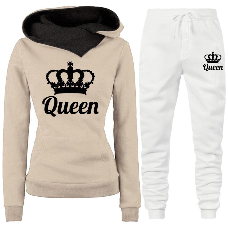 2024 Весна и Осень Женский Комплект Из Двух Частей Толстовка С Капюшоном QUEEN Печатный Спортивный Комплект Толстовка С Капюшоном Для Бега Спортивные Штаны