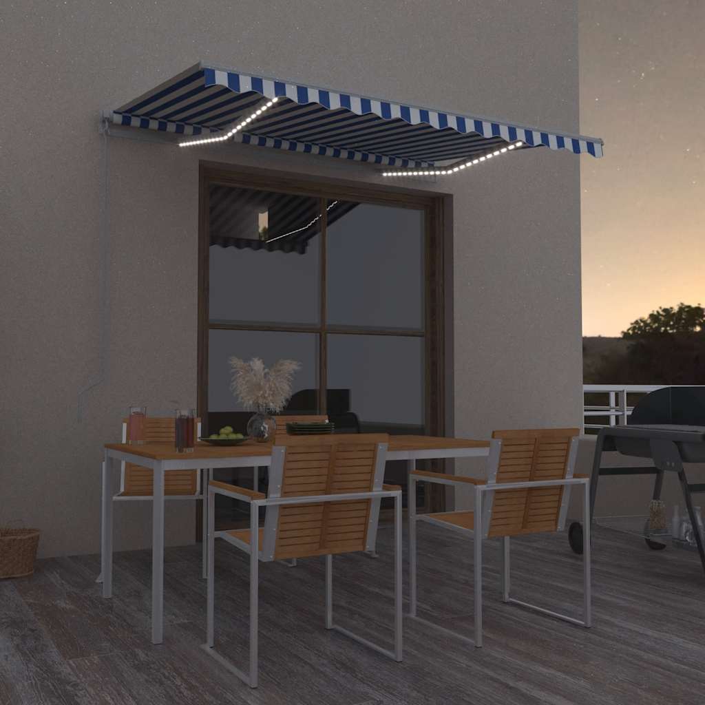 Manual Retractable Awning with LED Lights 300 x 250 cm Blue and White