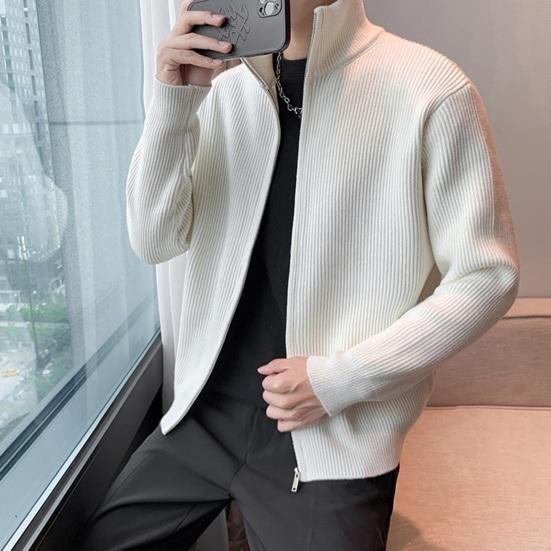 Мужской свитер, пальто, застежка-молния, трикотаж, эластичный, с длинными рукавами, воротником-стойкой, верхняя одежда, однотонный повседневный кардиган, повседневная школьная куртка средней длины