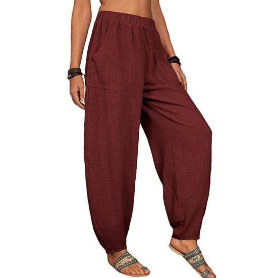 Women Casual Pants Elastic High Waist Solid Color Harem Pants with Pockets Loose