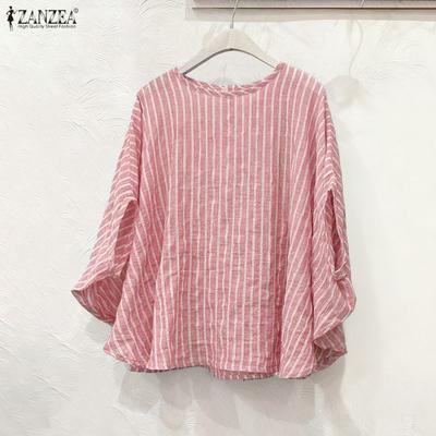 Женская повседневная блузка с круглым вырезом, рукавами долман и летним полосатым принтом