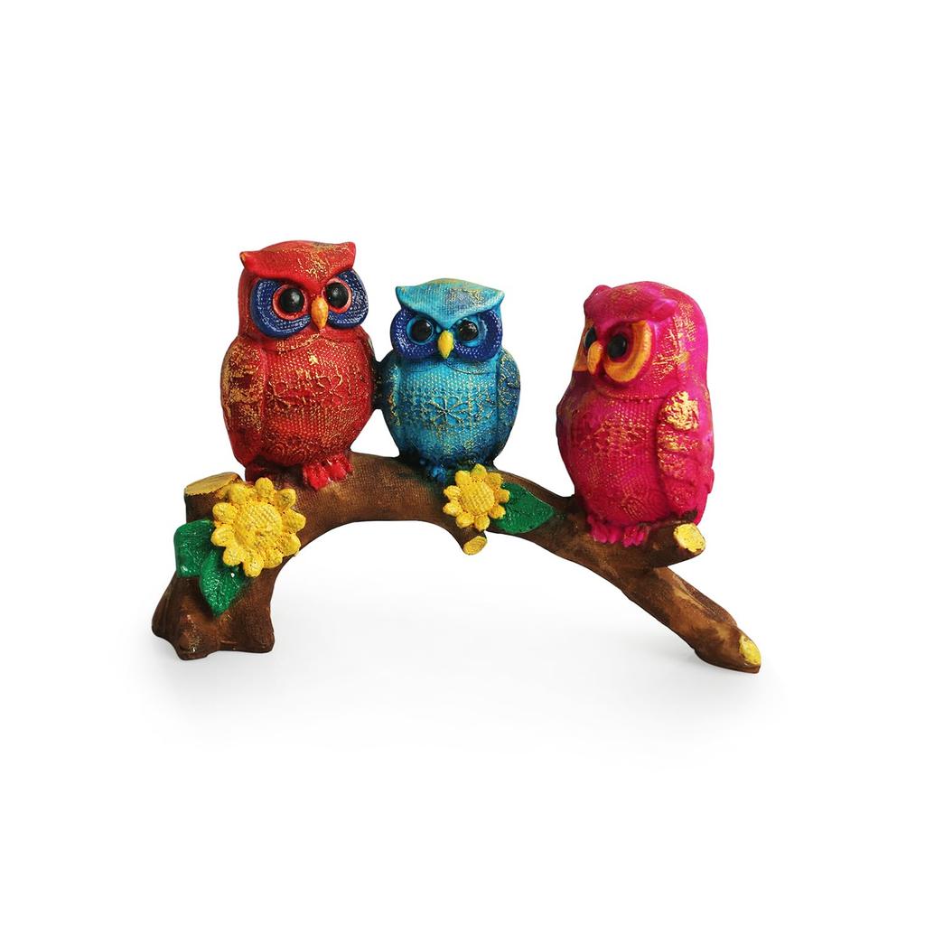 Resin Owl Buddies, Decorative Three Owls On Tree Showpiece - 8.5 Inches