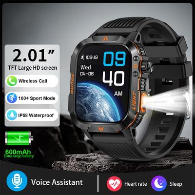 Умные часы QTLLBT Bluetooth-звонок Фонарик IP68 водонепроницаемые, военные часы 100+ спортивных режимов Сон, пульс, обнаружение кислорода в крови