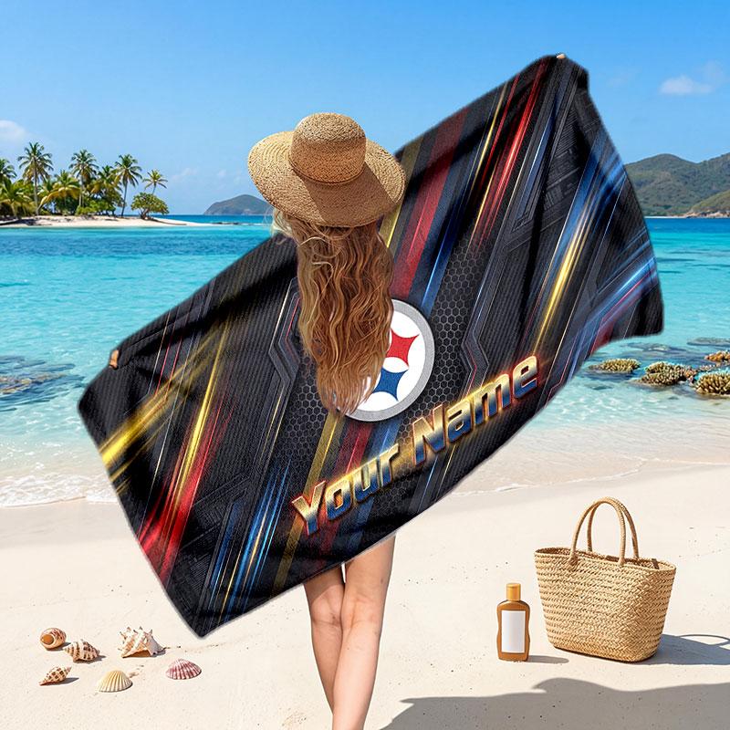 Pittsburgh Steelers Customized Name Text Beach Towel, Soft Absorbent Towel Beach Pool Travel Personal Gift