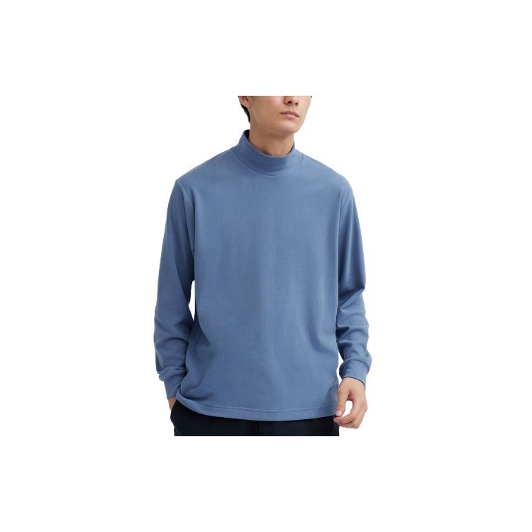 Uniqlo Однотонный пуловер с высоким воротником Прямого кроя Футболка с длинным рукавом Унисекс Топы Небесно-голубой 466726-63
