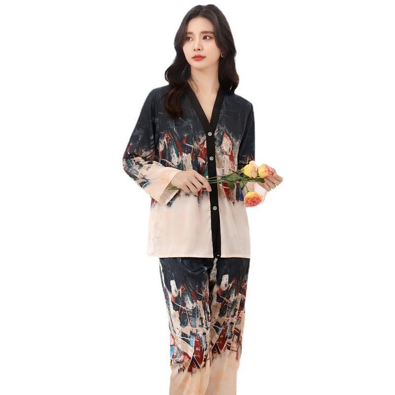 Женский весенний новый пижамный комплект, тонкий костюм из ледяного шелка с длинными рукавами, одежда для сна, новинка 2023 года, домашняя одежда большого размера с принтом