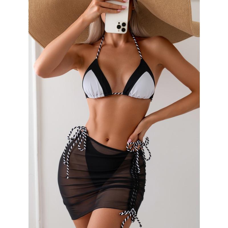 Contrasting Color Split Swimsuit Strap-up Bikini Sexy Three-piece Swimsuit