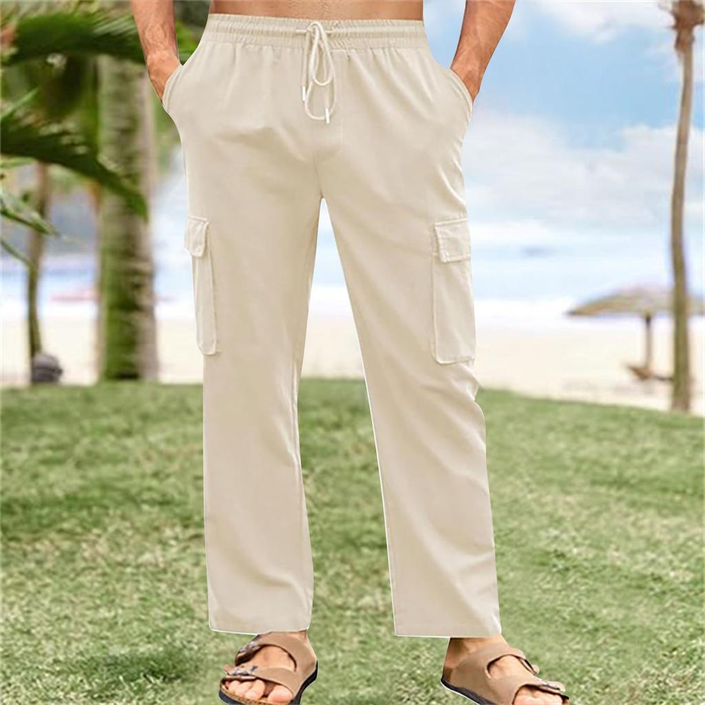 Брюки-карго из хлопка и льна с дышащей эластичной талией и шнурком, мужские повседневные свободные летние пляжные брюки