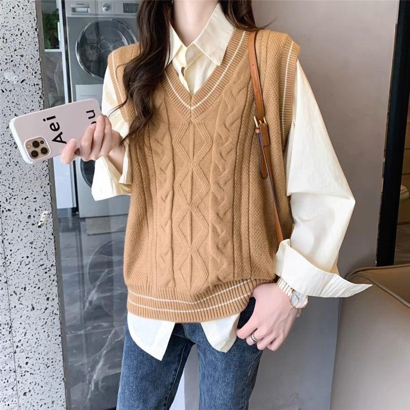 Винтажный V-образный вырез однотонный свитер жилет женский свободный повседневный универсальный трикотажный весенний женский одежда