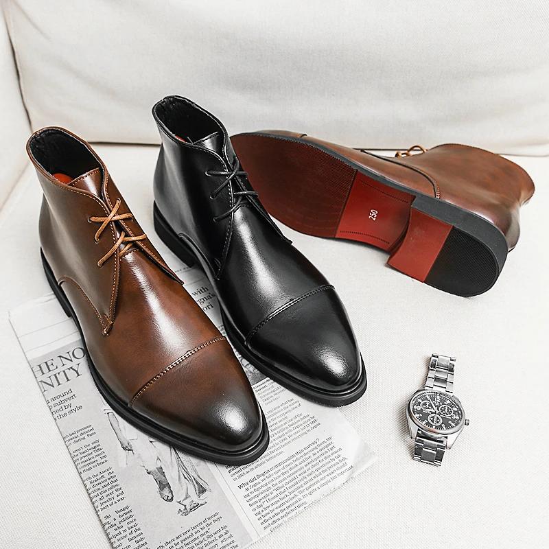 Мужские ботинки с красной подошвой, ручная работа, однотонные, на шнуровке, классические, деловые, ботильоны для мужчин, модная мужская обувь