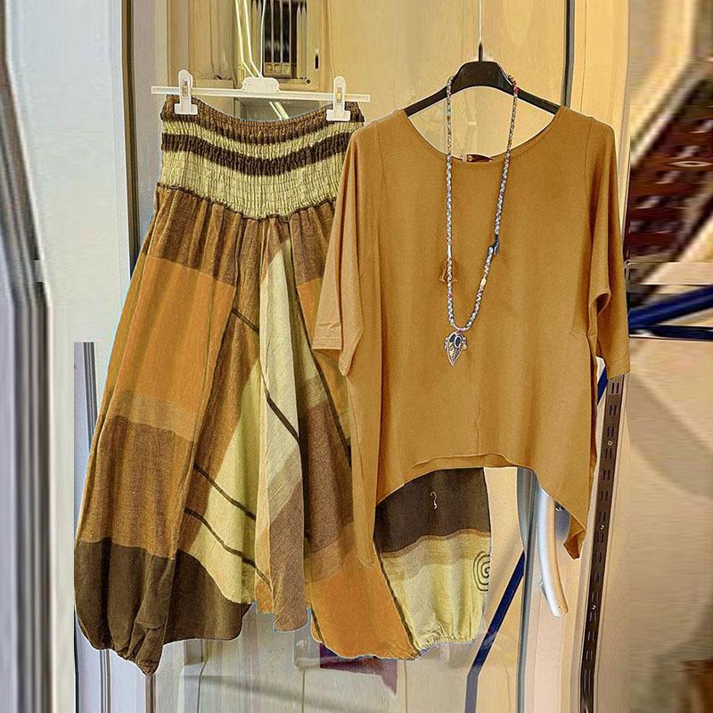 1 комплект футболка брюки клетчатый узор эластичный пояс летняя блузка неровные широкие брюки уличная одежда