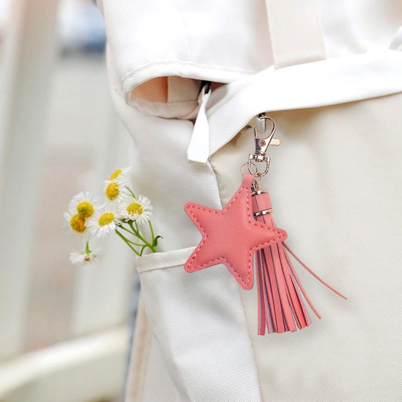 1PC Lobster Clasp Star Keyring Tassel Keychain Bag Pendant PU Leather Key Ring Women Girl