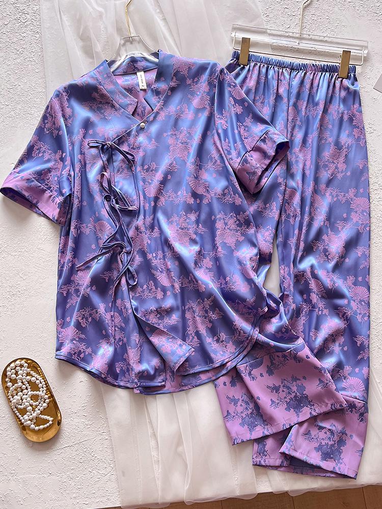 New Women's Spring/Summer Jacquard Silk Pajamas Set with Frog Buttons - National Style Mulberry Silk Thin Home Wear.