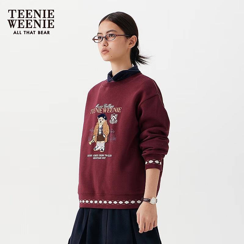 Teenie Weenie Women's Bear Plaid Patchwork Round Neck Sweatshirt