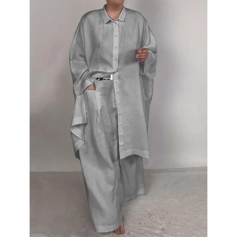 Весна и осень Повседневный свободный однотонный костюм с длинным рукавом и широкими брюками