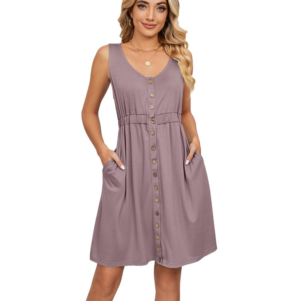 Solid Color Sleeveless Waist-tied Dress, Button Pocket Crew Neck Split Midi Dress, Spring Summer Casual Dress for Women Europe America Cross Border