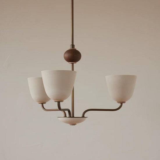 1950s Mid-Century Modern Brass Chandelier | Mid Century Wooden Ball 3 Arms Italian Modern Ceiling Pendant | Stilnovo Brass Ceiling Fixture