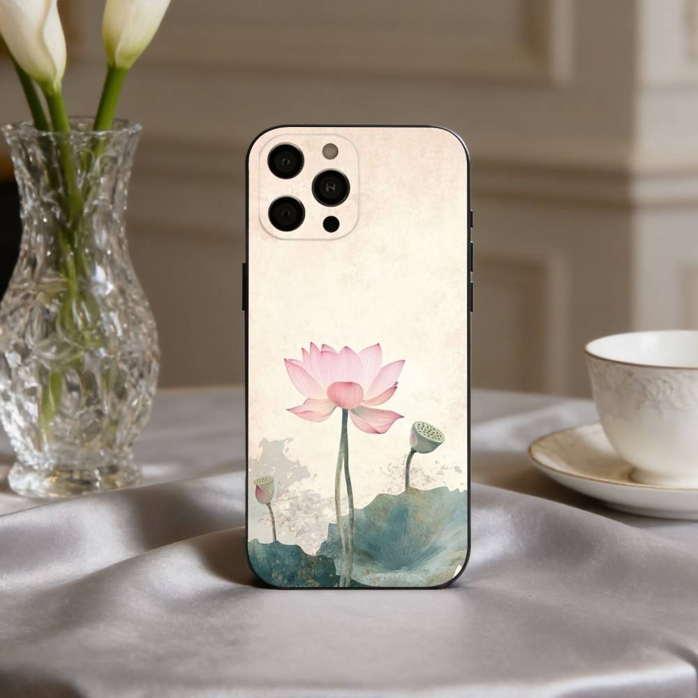E-Emerald W-White Lotus Phone Case For iPhone 17,16,15,14,13,12,11 Plus,Pro Max,XS,Soft Silicone Black Cover