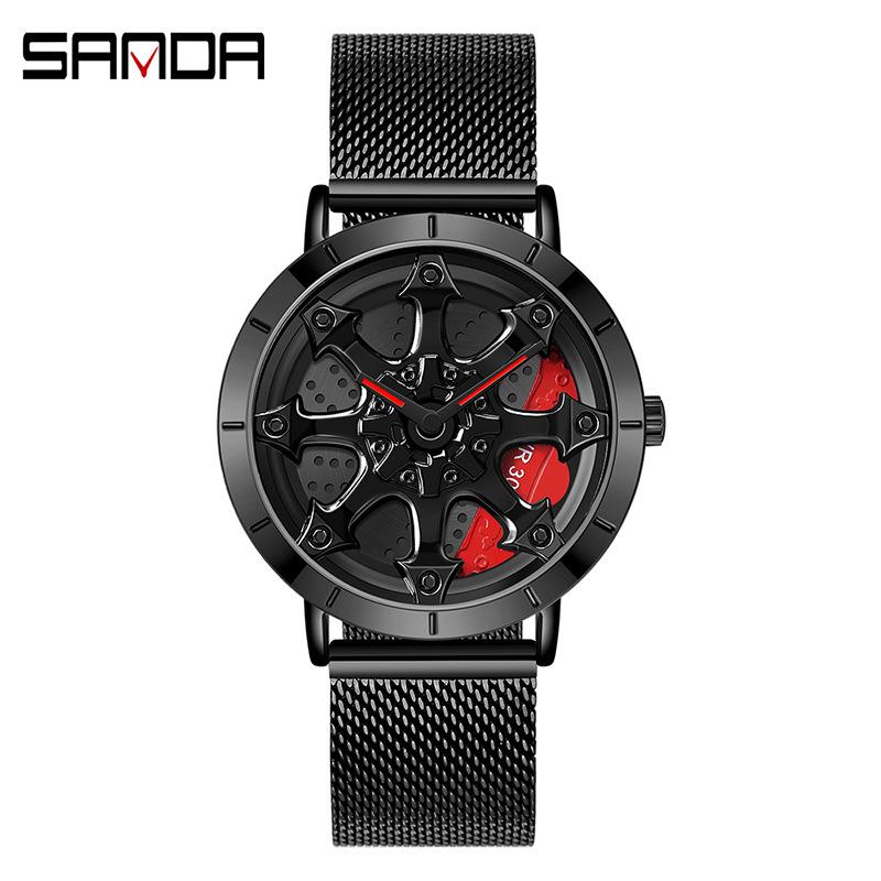 SANDA Часы со стальным ремнем, модные повседневные мужские часы с крутым циферблатом, кварцевые часы на колесе автомобиля
