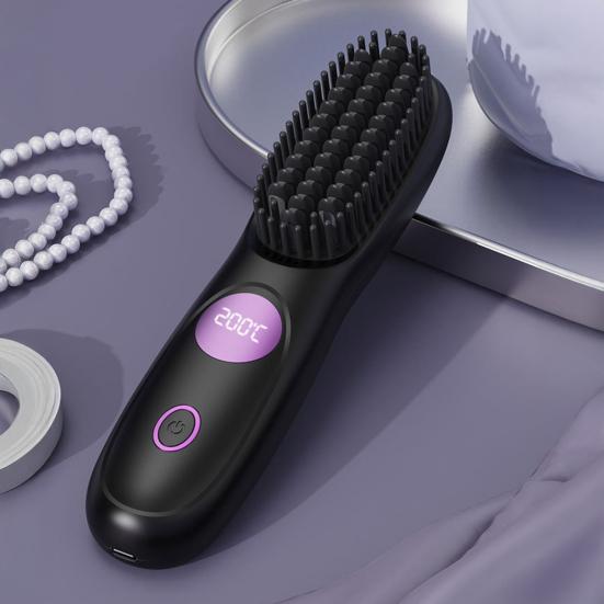Cordless Hair Straightener Brush 3 Temperature Adjustable LED Display Mini Hair Straightening Comb USB Rechargeable Fast Heating Electric Hot Brush