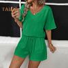 2Pcs/Set Women Casual Outfit V-Neck Short Sleeve T-shirt Elastic Waist Drawstring Wide Leg Shorts Set Solid Color Wrinkle Fabric Outfit