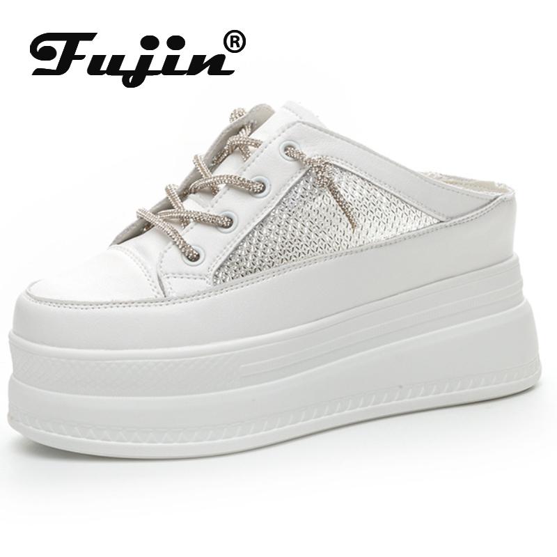 Fujin 6 см удобные сандалии из синтетической натуральной кожи с воздушной сеткой, летние блестящие тапочки со стразами Fsahion, массивные кроссовки, женская обувь