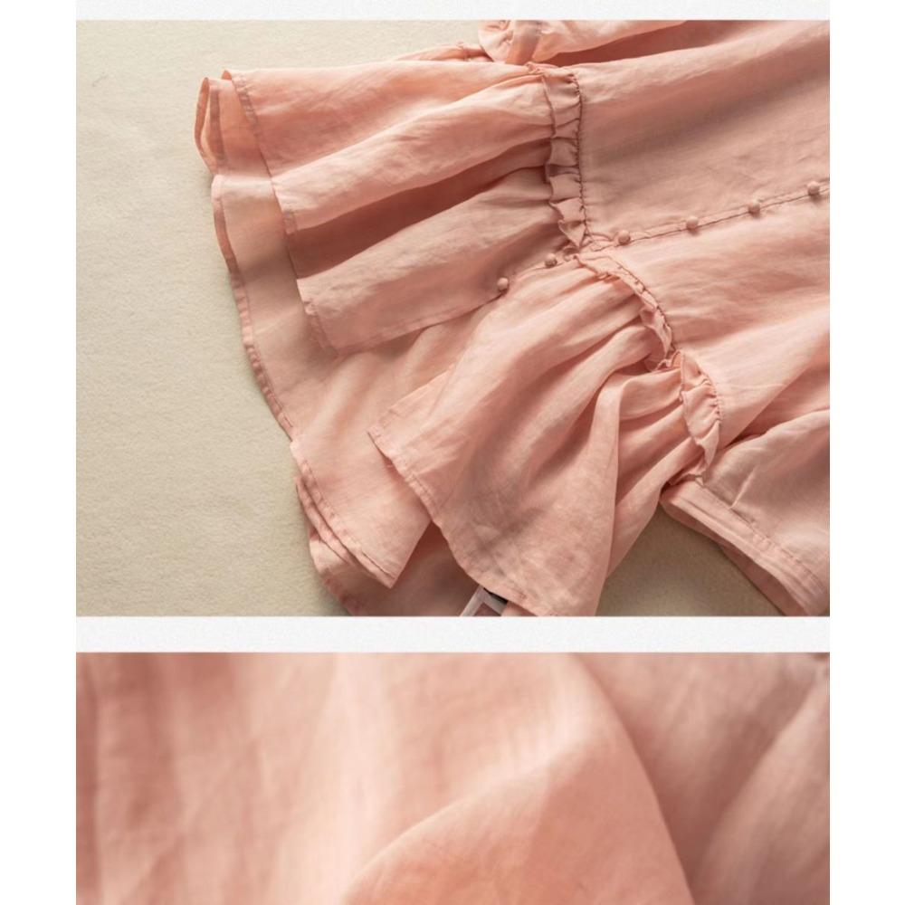 Японская хлопково-льняная женская рубашка с коротким рукавом, свободная и стройнящая, с темпераментным V-образным вырезом, кукольная рубашка-топ