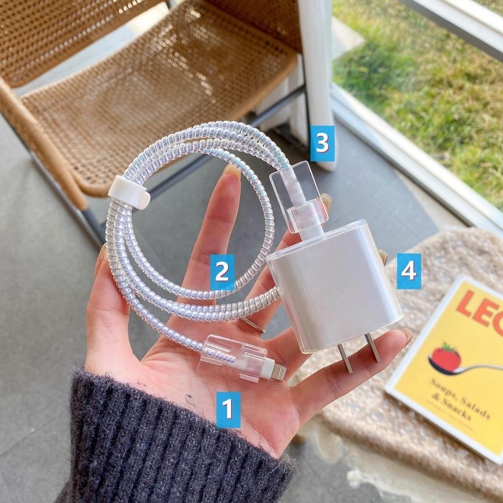 Комплект защиты кабеля данных Apple: Зарядная головка 20 Вт, прозрачный мультяшный дизайн, набор из 4 предметов