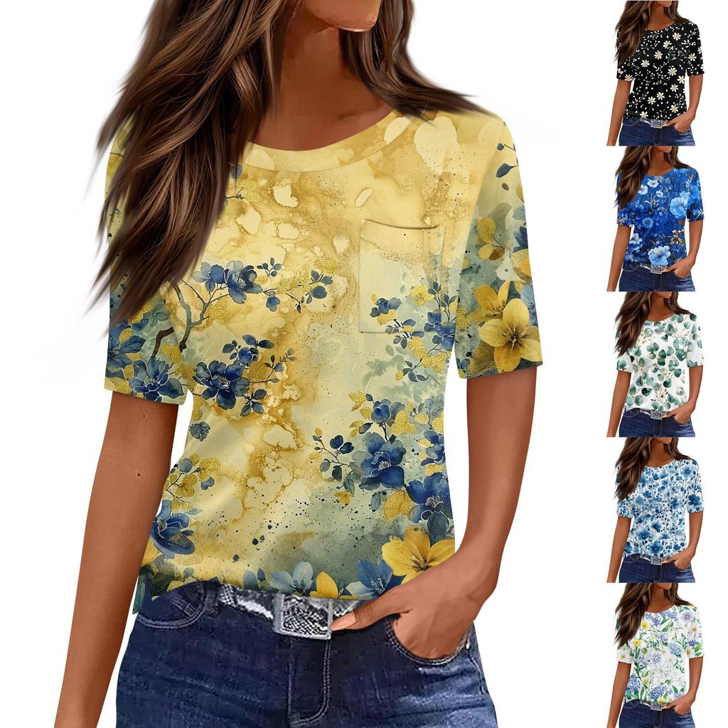 Футболки для женщин с круглым вырезом, нарядные повседневные блузки с принтом, короткие рукава, летние топы свободного кроя