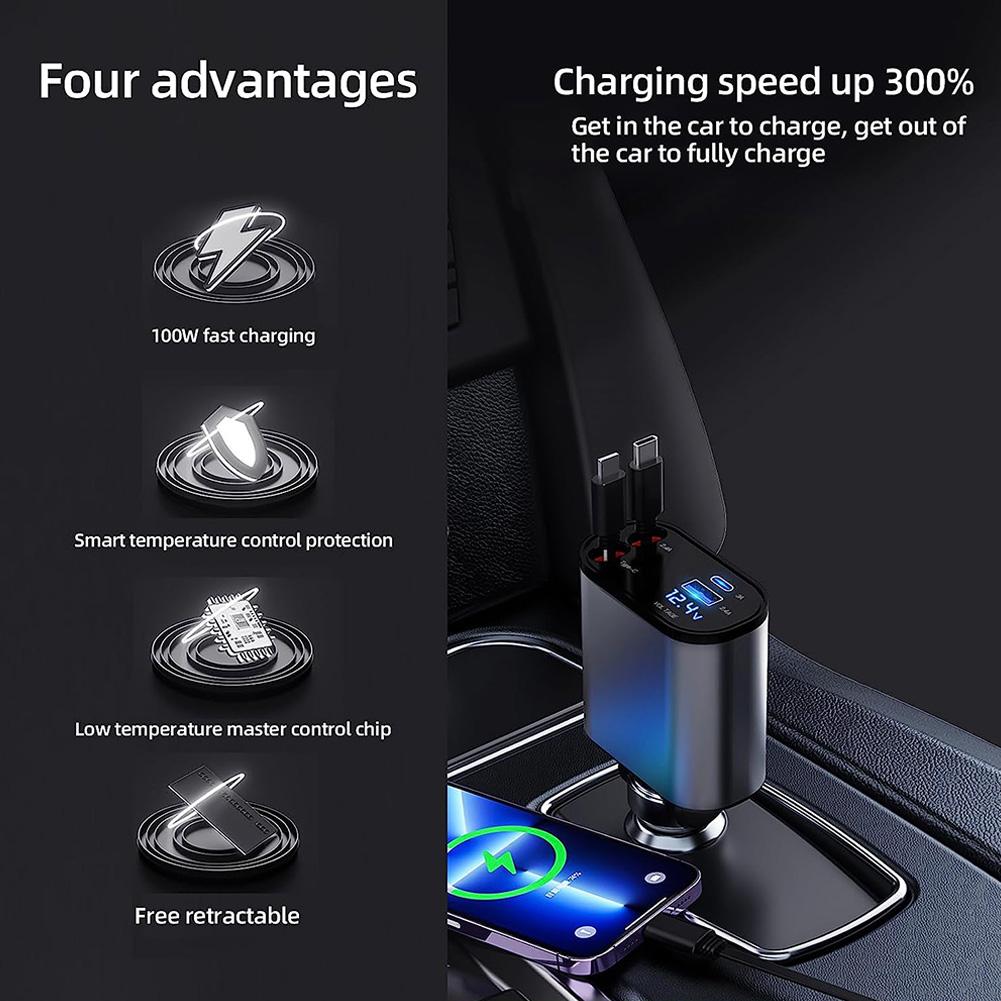 120W 4 IN 1 Retractable Car Charger USB Type C Cable For IPhone Fast Charge Cord Cigarette Lighter Adapter