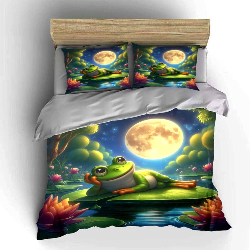 "Frog Relaxing Under Moonlight Scene" kid's and adults' bedroom decor, Exquisite three-piece bedding set gift