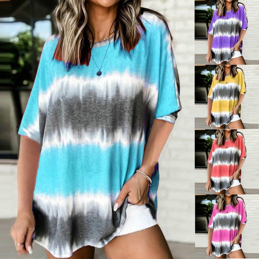Womens Summer Fasion Short Sleeve Round Neck Tie-Dye Print Casual T Shirt Tops