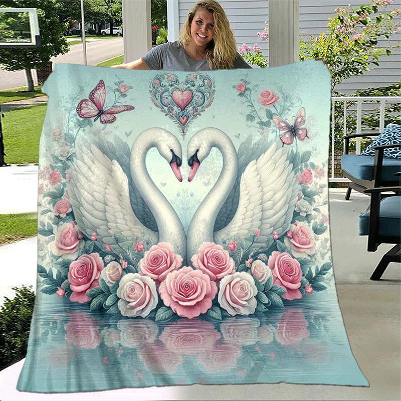 1pc Swan Printing Lightweight Flannel Blanket, Comfortable and Warm Blanket, for Camping Sofa Bed and Couch Office, Suitable for Gift Blanket