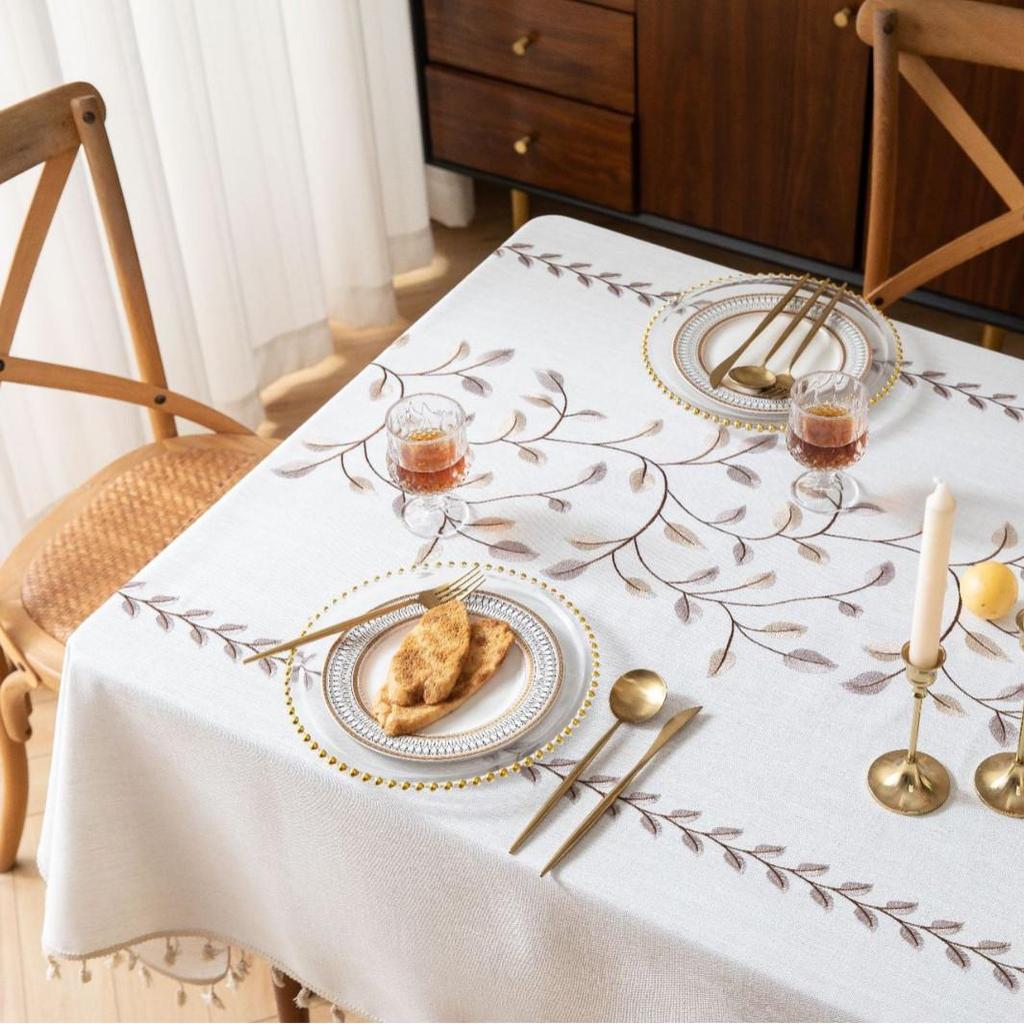 Jiexin European Style Embroidered Tablecloth - Coffee Leaves Design for Home Decor