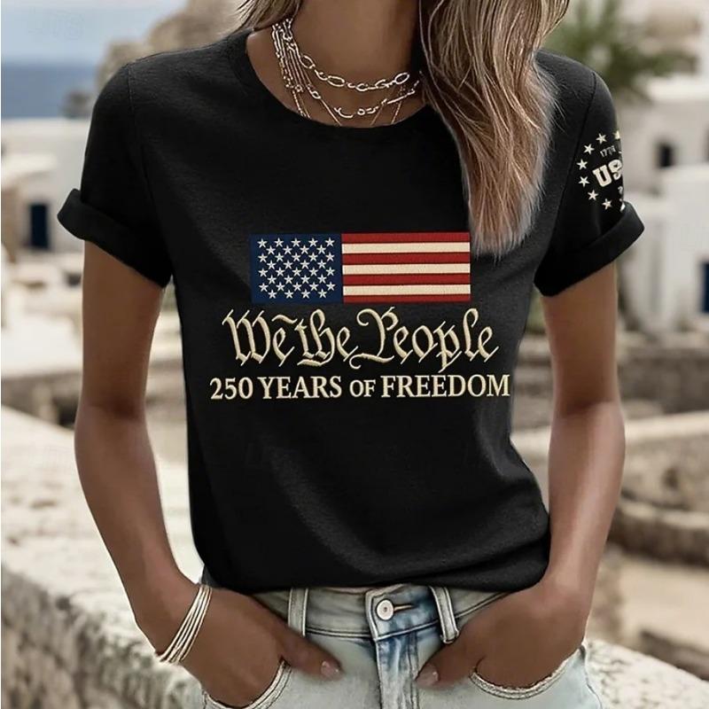 Women's T Shirt Print Graphic Letter American Flag Stylish Classic Casual Short Sleeve Crew Neck Regular Tops Summer