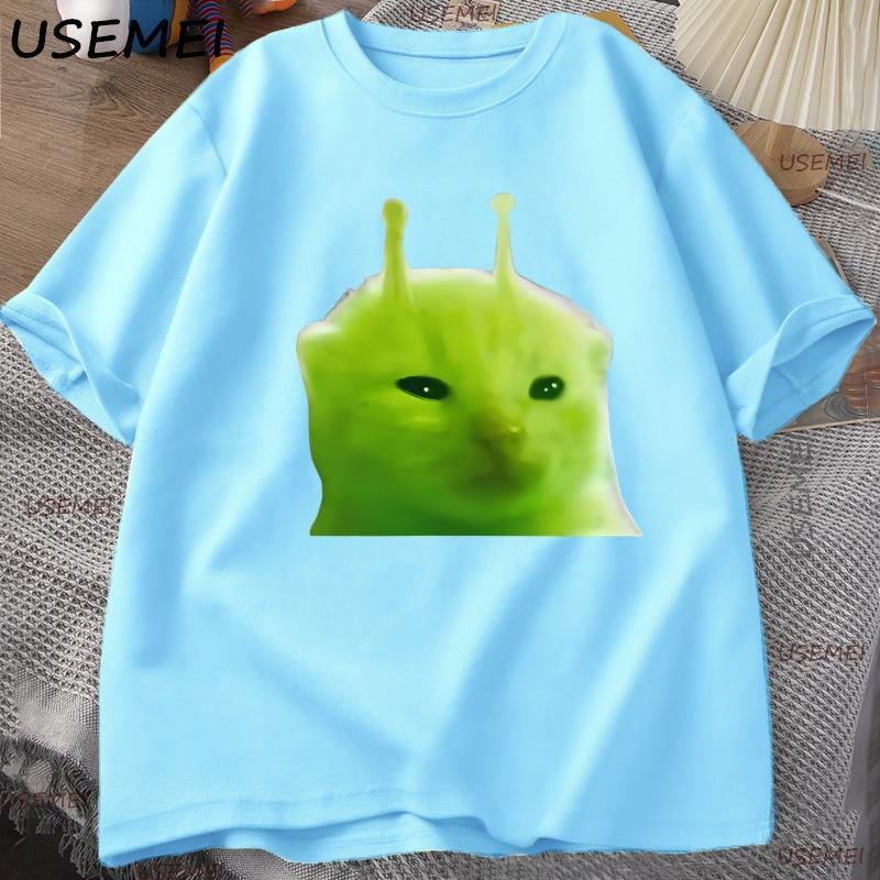 Green Alien Cat T Shirt Women Unisex Cat Meme Tee Glorp Gnarp Cat Brainrot Tshirt Silly Cute TShirt Loose Cotton Short Sleeve