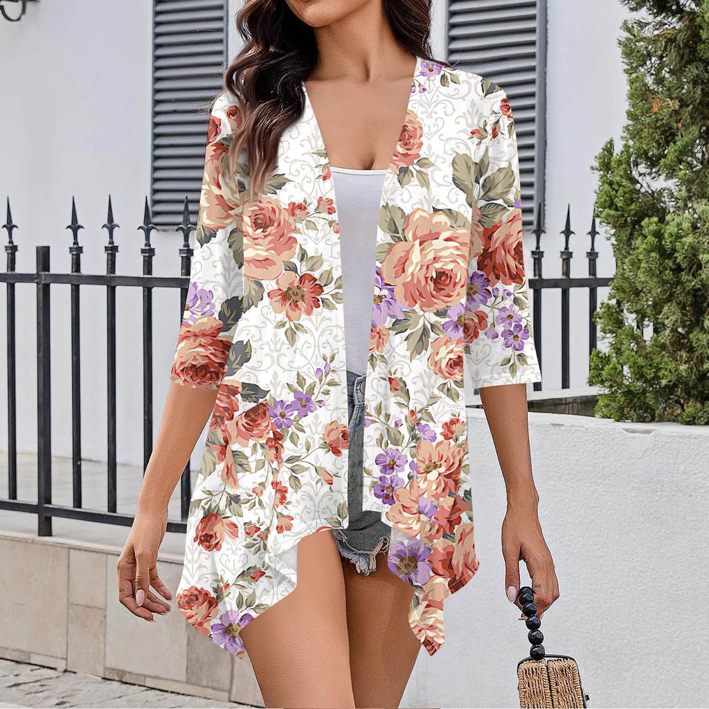 Women's Fall Print Irregular Three-quarter Sleeve Cardigan With Pocket Jacket