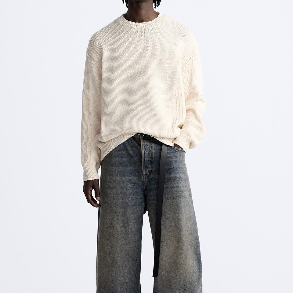 Zara Однотонный потертый круглый вырез с длинным рукавом вязаный свитер мужской свитер белый 3166401-712