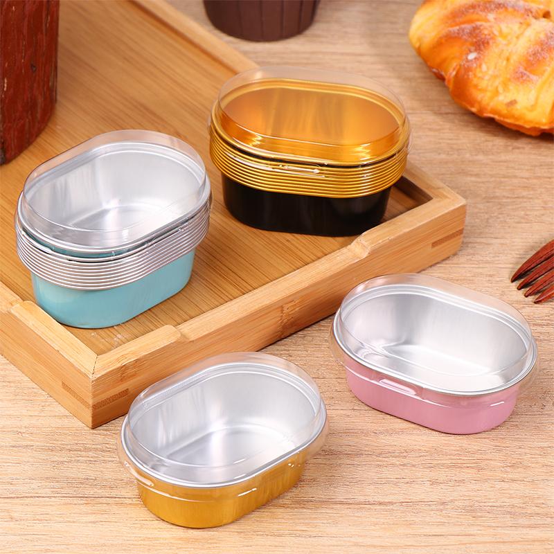 10 шт. Алюминиевые формочки для кексов с крышками, Антипригарные фольгированные формы для выпечки, 68 мл, Овальные десертные чашки для пудинга, Свадебные принадлежности