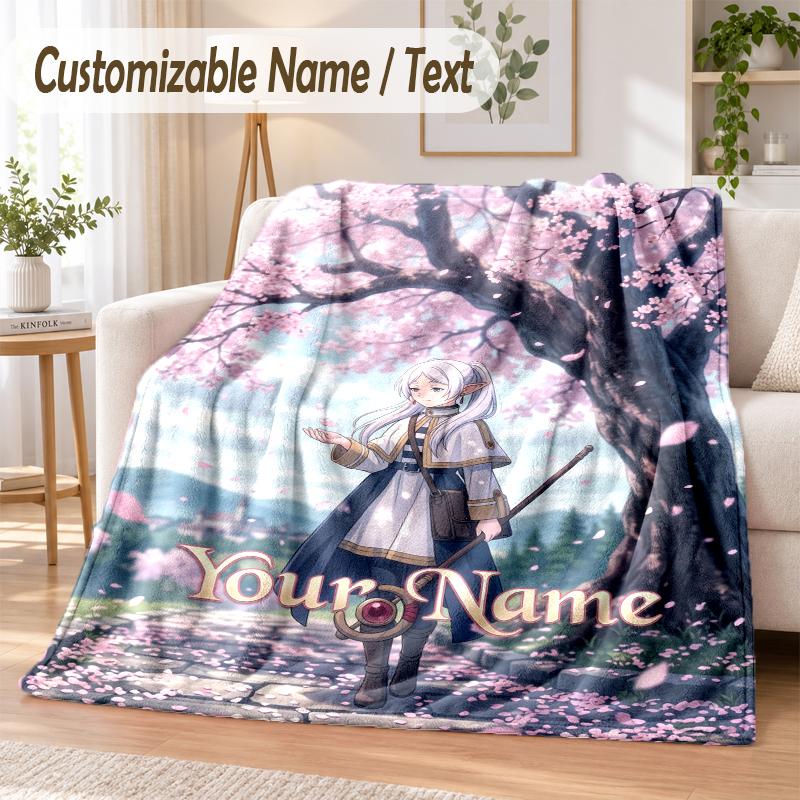 Frieren Beyond Journey's End Custom Name Flannel Throw Blanket Soft Warm for Sofa Bed Indoor Home Use