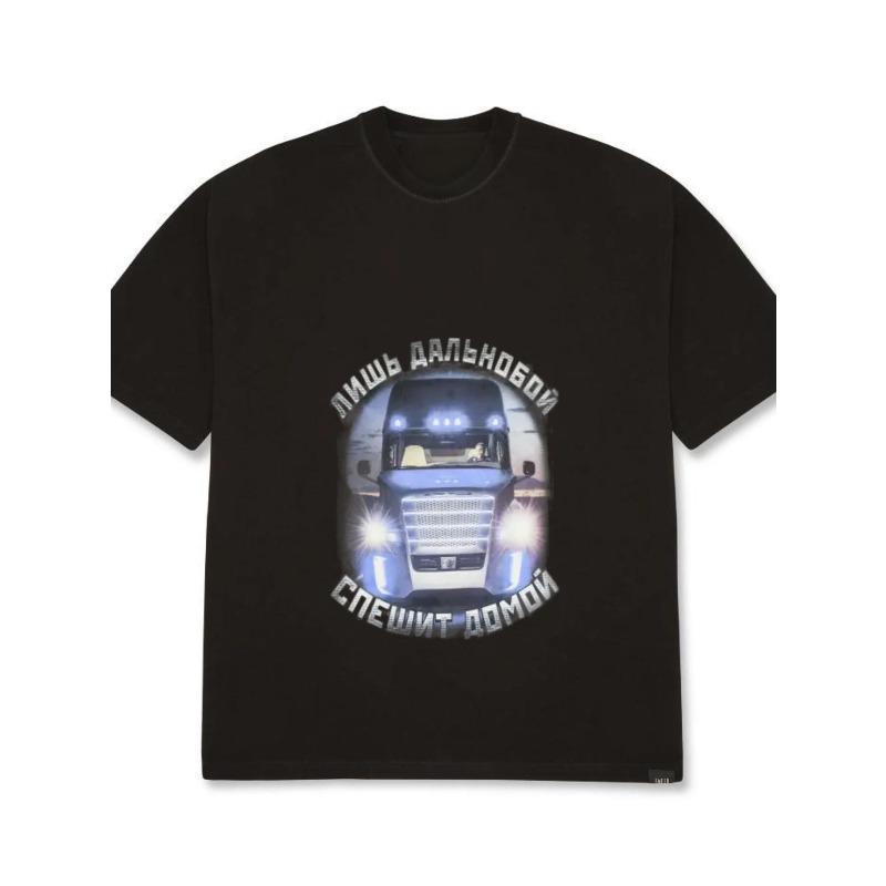 Белая футболка мужская повседневная оверсайз с графическим принтом, дизайн грузовика, русский текст, уличная мода, летний топ
