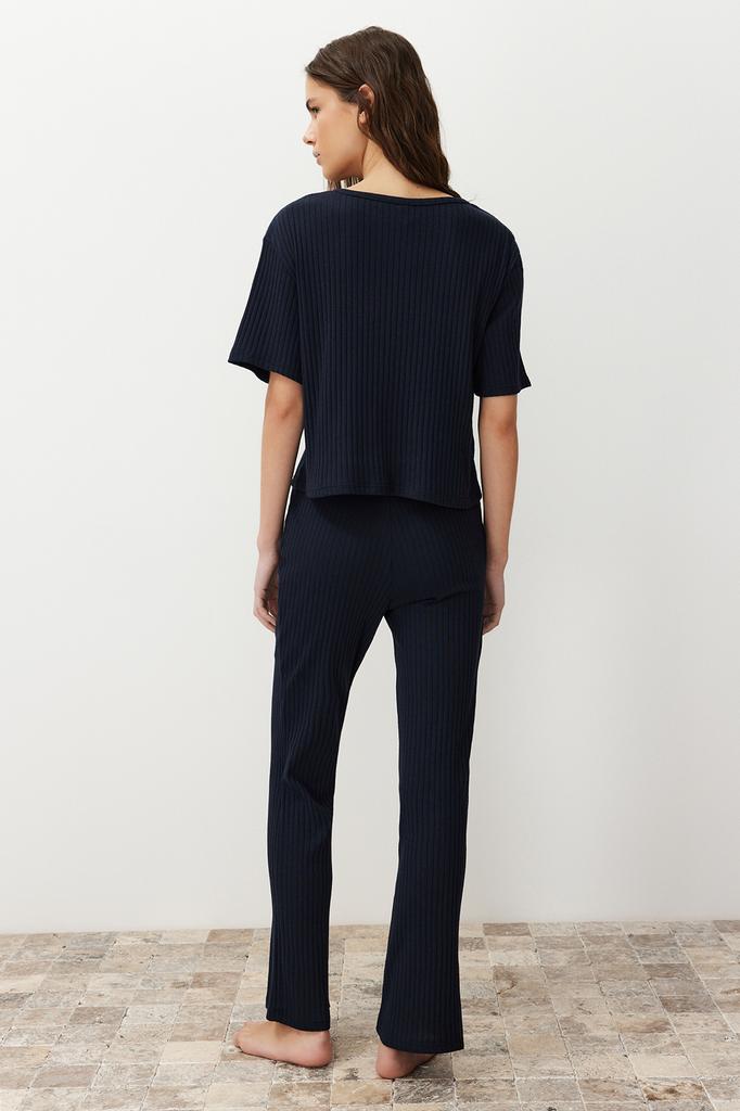 Women's Fashion New Pajama Set Ecru Slogan Printed Rubber Detailed Corduroy Cotton T-shirt-Pants Knitted Pajamas