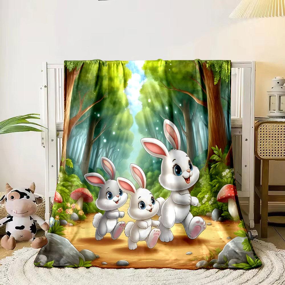 Cute Cartoon Bunnies in Enchanted Forest print blanket soft and cozy perfect for the living room bed sofa or a nap,gift