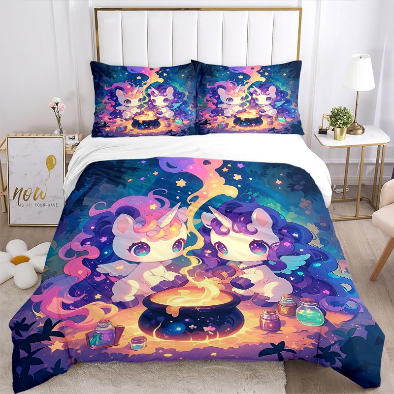 3pcs Two Cute Unicorns Printed Duvet Cover Set (1 * Cover+2 * Pillowcase, Without Core), Suitable for Home Bedroom, Guest Room, Dormitory Decorat