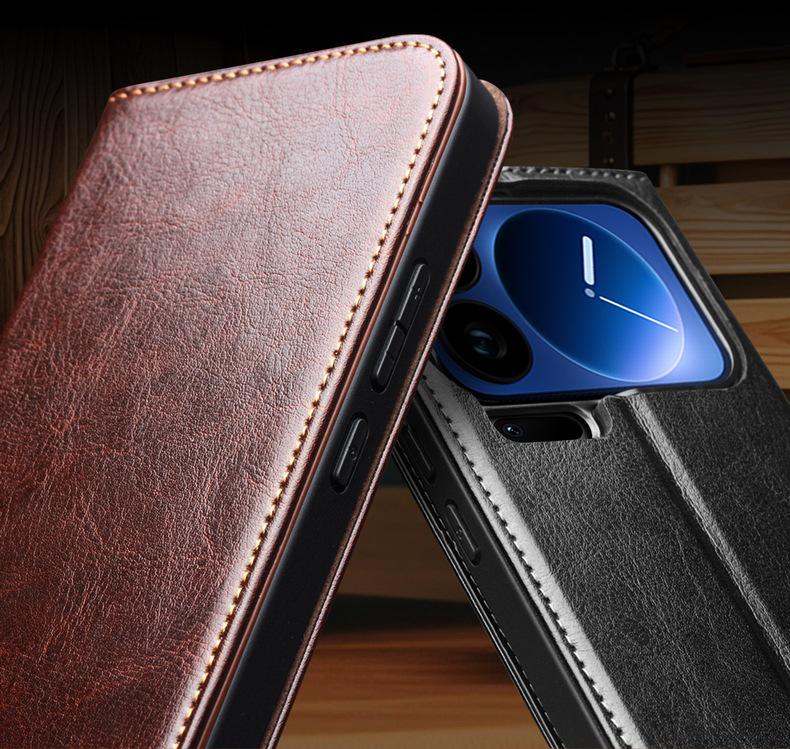 Чехол-книжка Chali из натуральной кожи для Xiaomi 17 Pro Max со подставкой и защитой объектива