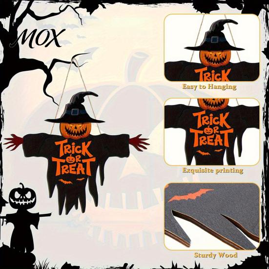 Halloween Home Ornament Wooden Hanging Door Sign, Scarecrow Pumpkin Wizard Ornament, Trick or Outdoor Porch Sign Treat Plaque, Rustic Party
