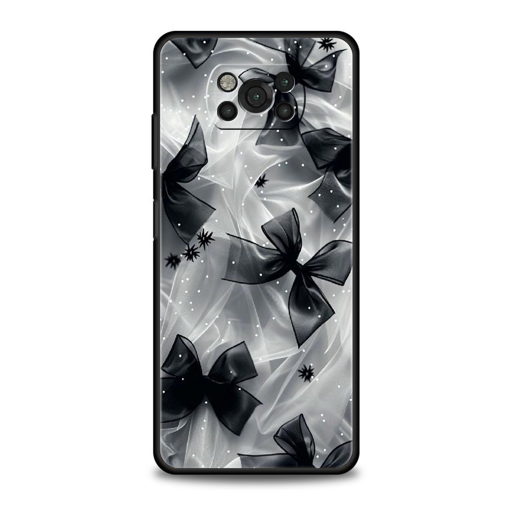 Чехол для телефона Xiaomi Poco F7 F6 F5 F4 F3 X7 X6 X5 X4 X3 NFC M4 C51 C55 GT Мягкий ТПУ Чехол Capas Черный Бант Искусственный Жемчуг Расписной