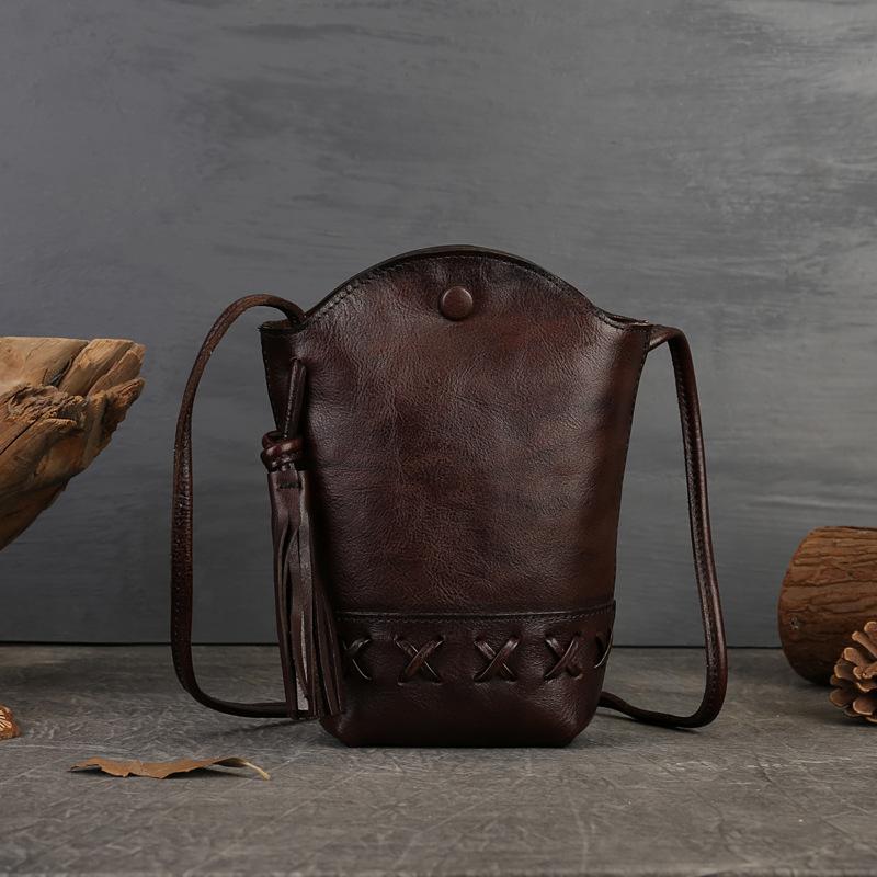 Женская сумка, винтажный верхний слой, плетеная сумка для телефона из коровьей кожи, мини-сумка через плечо на одно плечо, повседневная сумка-ведро с кисточками