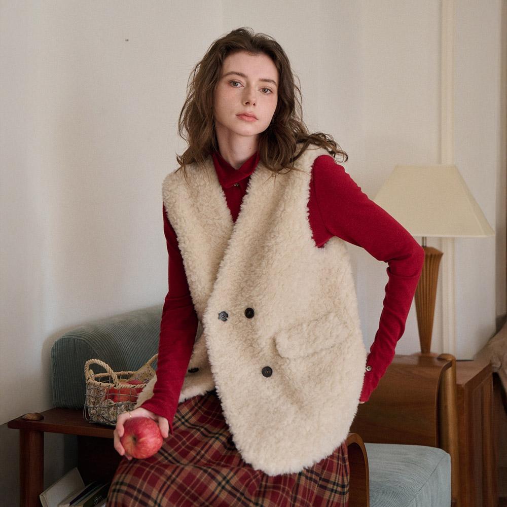 Simpeulleteulo Sr_V-Neck Fur Integrated Cardigan Vest